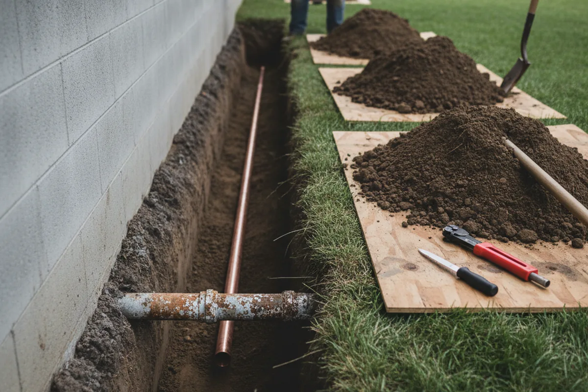 Excavated water line trench during Sewer Line Repair in Triadelphia